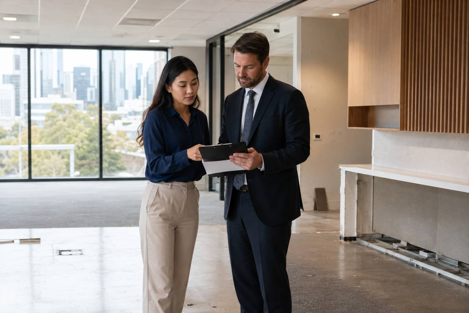 Tenant and landlord reviewing make-good obligations in a Victorian commercial lease